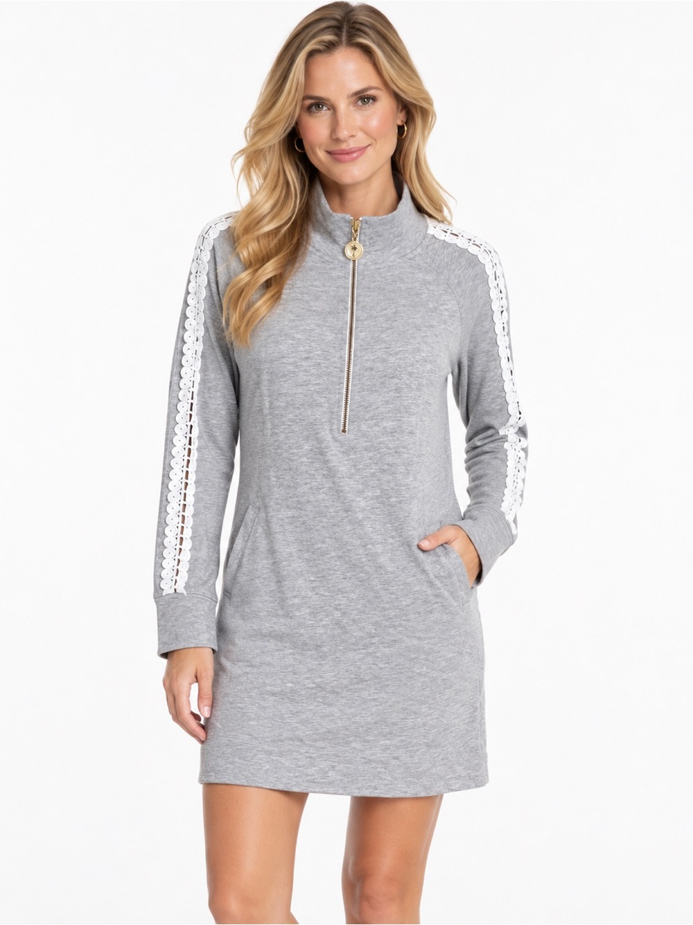 Lilly Pulitzer Skipper Popover Dress M Gray Crochet Quarter Gold Zip Resort Golf